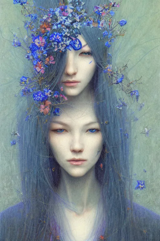 Image similar to portrait of beautiful young mainem, warhammer, japanic style, cyberpunk, a lot of scars, more and more flowers, blue head, the middle ages, highly detailed, artstation, illustration, art by jean delville, 8 k quality