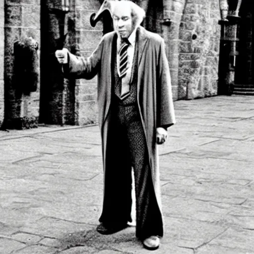 Image similar to Dumbledore with an afro and bell bottom pants