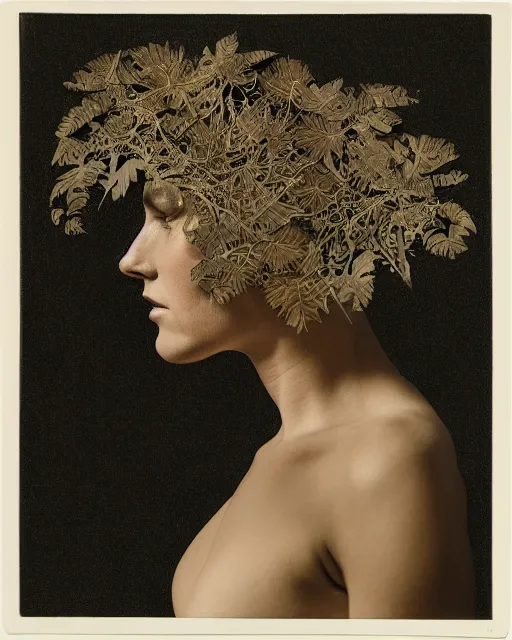 Image similar to a woman's face in profile, wearing a space helmet made of intricate delicate leaf skeleton, in the style of the dutch masters and gregory crewdson, dark and moody