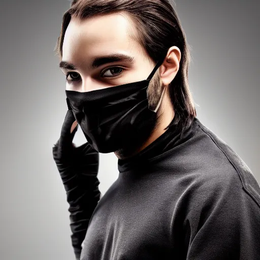 Prompt: professional digital art of a young adult man with slightly long hair wearing a black face mask and a form-fitting dark sweatshirt, high quality, HD, 8K, highly detailed, award-winning, fancy apartment