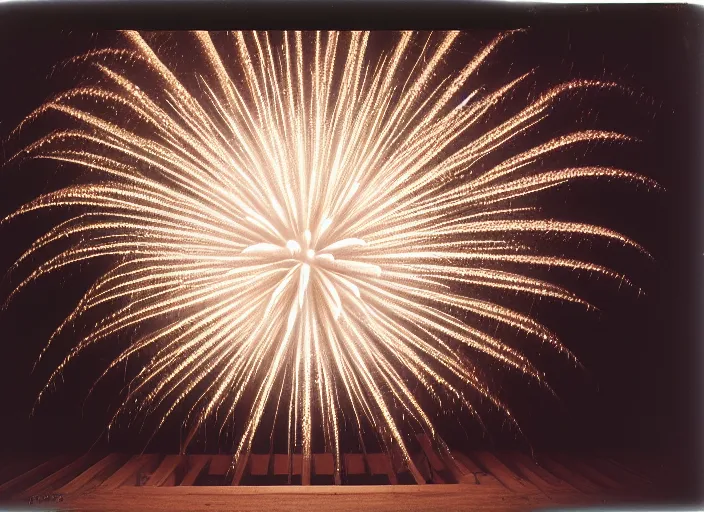 Image similar to realistic photo of a white fireworks, in a wooden box, front view, grain 1 9 9 0, life magazine reportage photo, metropolitan museum photo