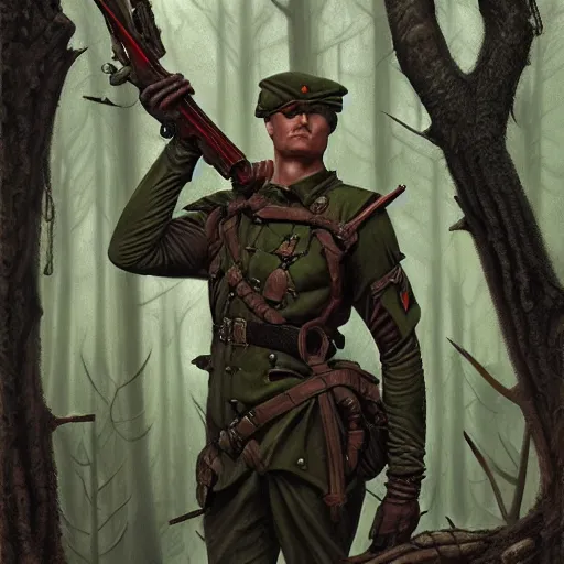 Image similar to male soldier in the forest, by gerald brom!!, D&D, fantasy, intricate, elegant, highly detailed, digital painting, artstation, concept art, matte, sharp focus, illustration