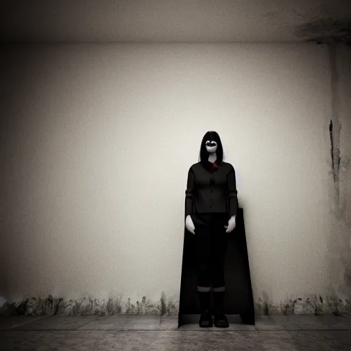 Prompt: a creepy woman wearing all black, standing in a dark hallway, eerie room, melancholic, dreary, horror, scary, sinister, 3D render,