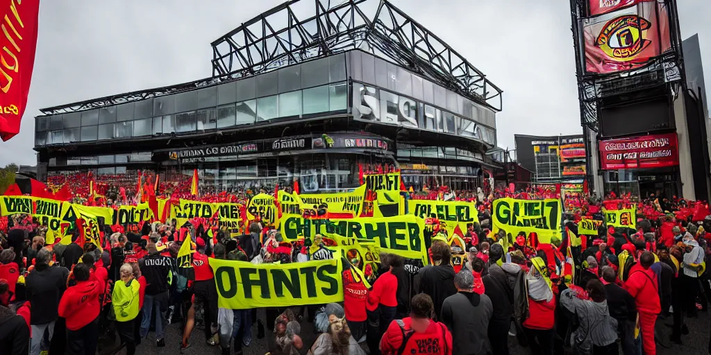 Image similar to # glazersout protests outside old trafford theatre of dreams against the glazers, # glazersout, chaos, protest, banners, placards, burning, pure evil, 8 k, by stephen king, wide angle lens, 1 6 - 3 5 mm, symmetry, cinematic lighting