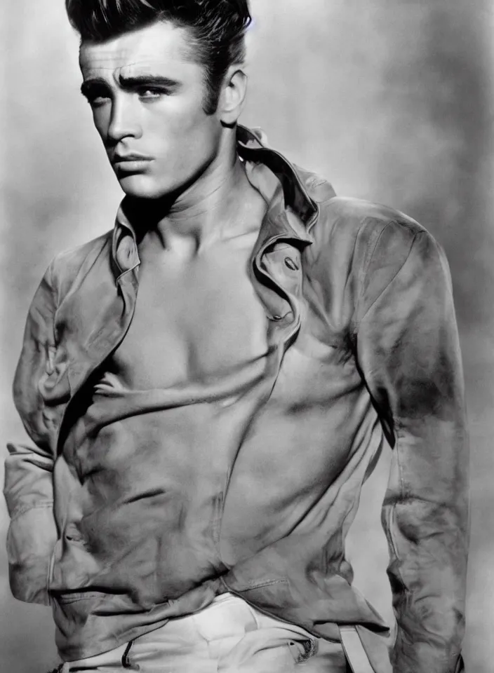 Image similar to genetic combination of james dean, elvis presley, sean connery, and boris karloff. long face, tall man, gaunt, handsome, beautiful, striking, chiseled. prominent cheekbones, deep dimples, strong jaw. soft lighting, full color, ultra detailed, color photography, high definition