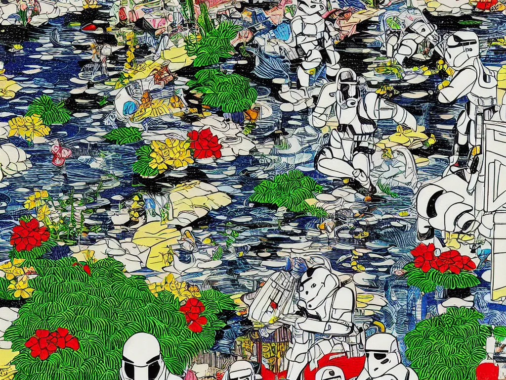 Image similar to super - detailed close - up image of the japanese home with a garden and pond, 2 stormtroopers sitting around it, in style of pop - art, andy warho style, roy lichtenstein style, jackie tsa stylei, bright palette, acrylic on canvas