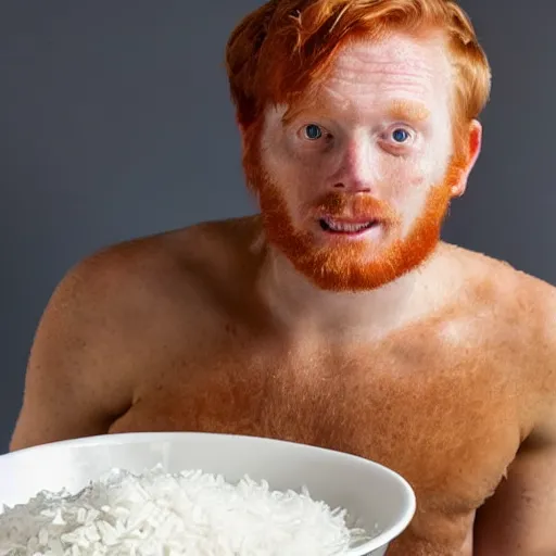 Image similar to ginger haired man bathing in a large bowl of white rice