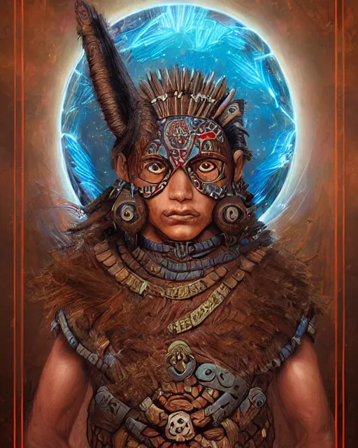 Image similar to digital painting of a warrior cuextecatl by filipe pagliuso and justin gerard, symmetric, fantasy, detailed, intricate, portrait, sharp focus, tarot card, handsome