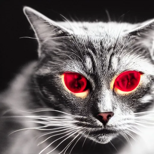 Prompt: metallic cat with red glowing eyes, dramatic lighting, studio photo, 4k, photorealistic, film grain, inspired by the terminator