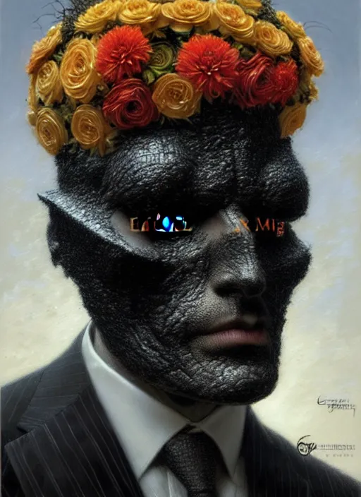 Image similar to an man in a black suit with a head made of flowers, intricate, highly detailed, concept art, hyperrealistic, oil painting by greg staples, 8 k