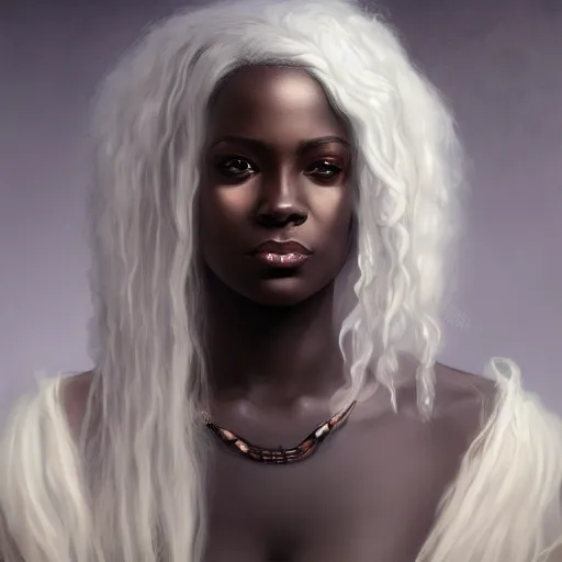 Image similar to a detailed matte oil on canvas head on symmetrical portrait of black skinned woman with long white hair, clothed by charlie bowater, lise deharme, wlop, trending on artstationhd, dungeons and dragons art critical role