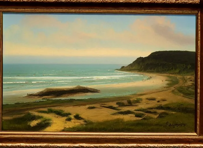 Image similar to omaha beach, normandy in the style of hudson river school of art, oil on canvas