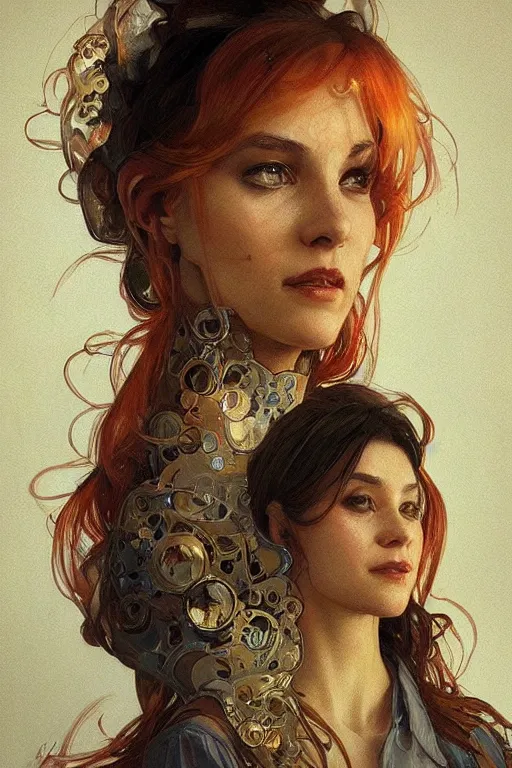 Image similar to portrait of tinfoil hat man in orange t - shirt behind his wife, feelings, romantic, fantasy, intricate, elegant, highly detailed, digital painting, artstation, concept art, smooth, sharp focus, illustration, art by artgerm and greg rutkowski and alphonse mucha