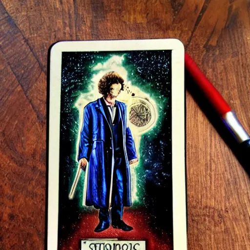 Image similar to tarot card with the picture of doctor who, realistic, smooth, detailed, ambient light,