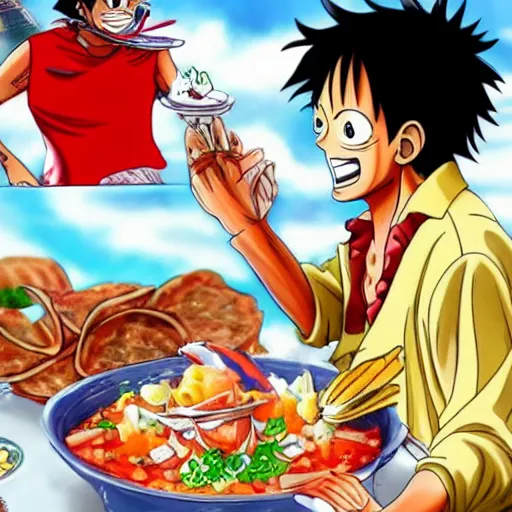 Prompt: Luffy eating ceviche