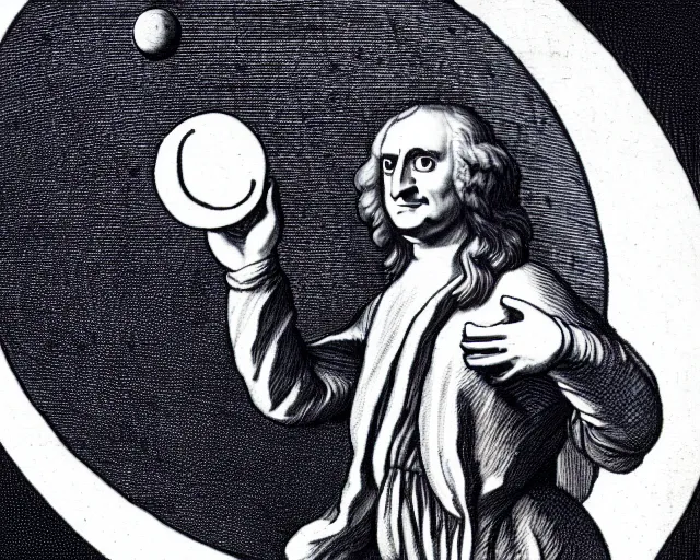 Image similar to isaac newton holding an apple in his hands and looking at the moon