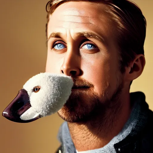 Image similar to closeup portrait of a ryan gosling in a goose suit, natural light, sharp, detailed face, magazine, press, photo, steve mccurry, david lazar, canon, nikon, focus