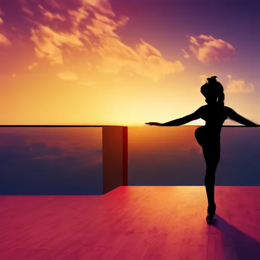 Prompt: dancer silhouette in front of sunset clouds, photorealistic hd, octane render, unreal engine