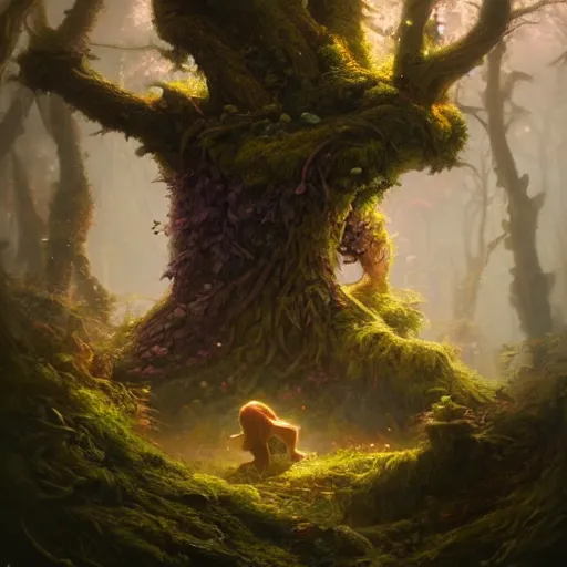 Image similar to a beautiful hyperrealistic painting of a forest troll by peter mohrbacher, ancient mossy wood, gigantic, octane render, brilliantly coloured, intricate, ultra wide angle, trending on artstation, dusk, volumetric lighting, polished, micro details, ray tracing, 8 k