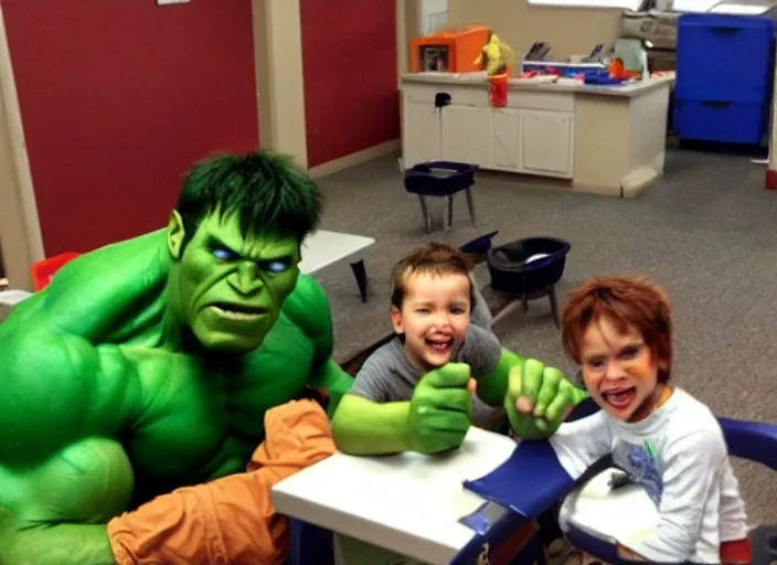 Prompt: the hulk working at a daycare