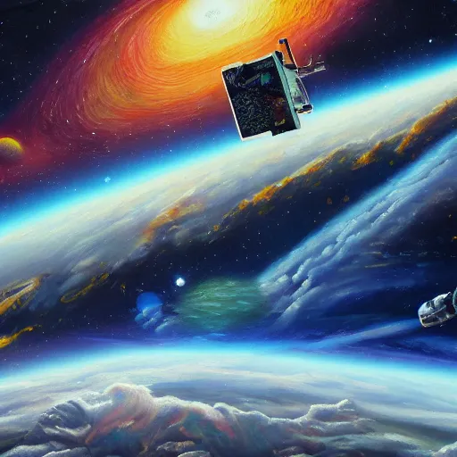 Prompt: oil painting of a printer floating in space printing out a long sheet of paper covered with writing, trending on artstation