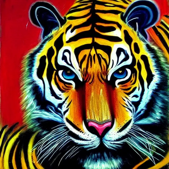 Image similar to a beautiful painting cyberpunk tiger, by jean michel basquiat realistic oil painting