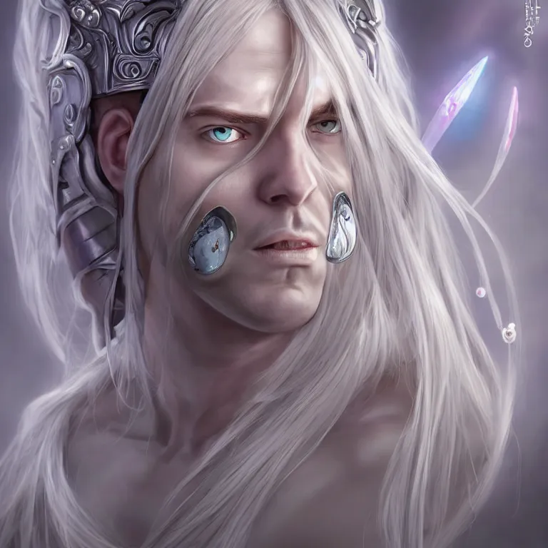 Image similar to portrait anthropomorphic candy gumdrop character with brilliant silver flowing hair and a brilliant jeweled silver helm, beautiful white glowing eyes, wideshot ultrawide angle epic scale, hybrid from The Elden Ring and art direction by Darius Zawadzki ;by artgerm; wayne reynolds art station; cinematic quality character render; low angle; ultra high quality model; production quality cinema model;