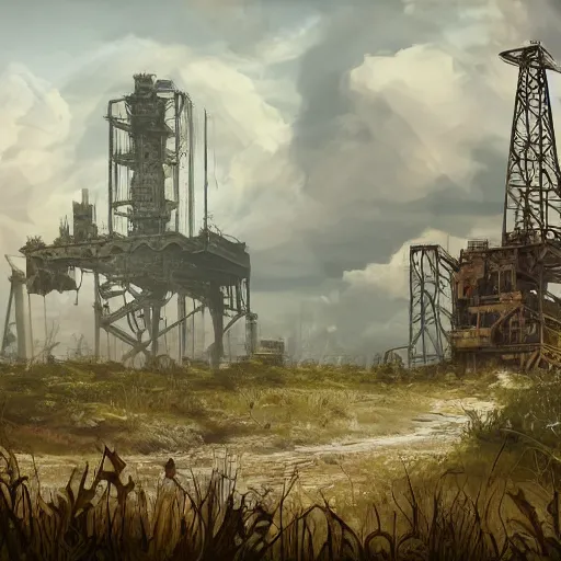 Prompt: post apocalyptic overgrown oil rig by victor moura james hayes jim kjexrud, trending on artstation, digital artwork, highly detailed, contest winner, environmental artwork, concept art