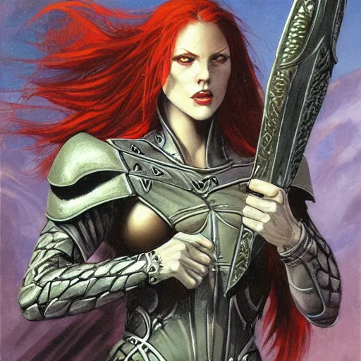 Image similar to female redhead templar, by gerald brom