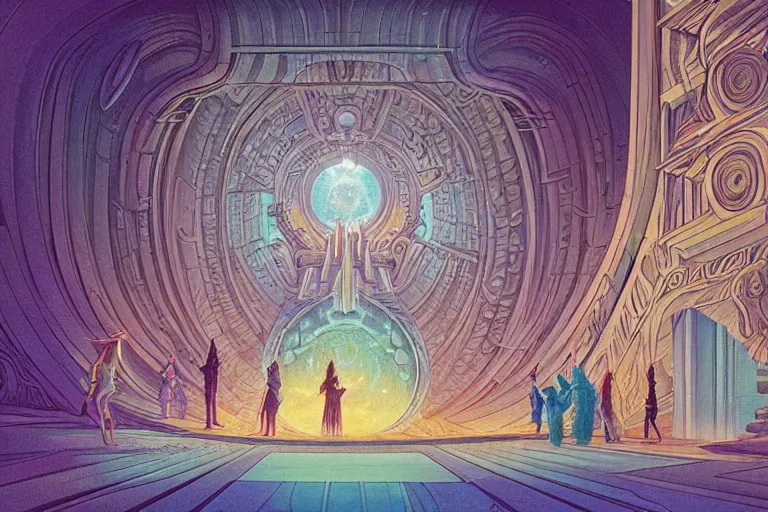 Prompt: delicate retro scifi illustration by terese nielsen of a large group of people entering the glowing doorway of a massive vulva - shaped temple constructed of carved iridescent pearls and house - sized crystals of impossible architecture floating in the astral plane, trending on cgsociety.