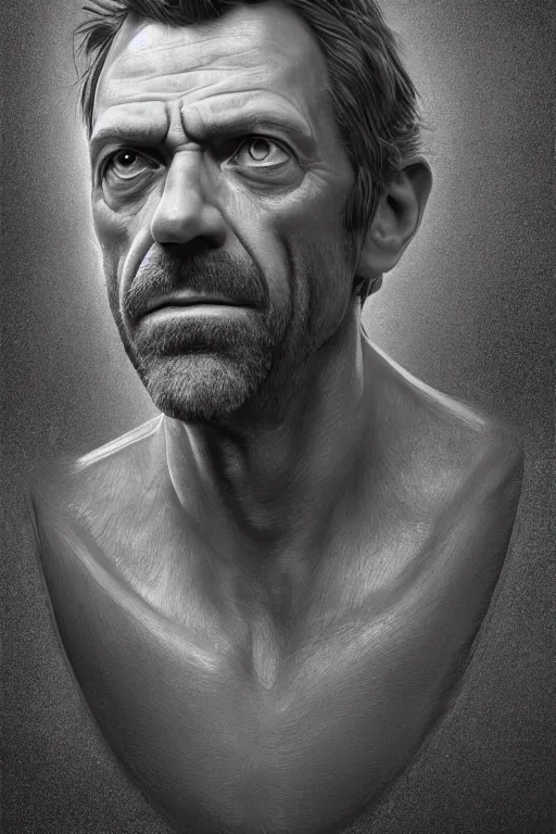 Image similar to cinematic portrait of Dr House. Centered, uncut, unzoom, symmetry. character illustration. Surreal render, ultra realistic, zenith view. Polished. Inspired by patricio clarey, heidi taillefer scifi painter glenn brown. Extremely ornated. artstation, cgsociety, unreal engine, ray tracing, detailed illustration, hd, 4k, digital art, overdetailed art. Dslr, tiltshift, dof. 64megapixel. complementing colors. Trending on artstation, deviantart,