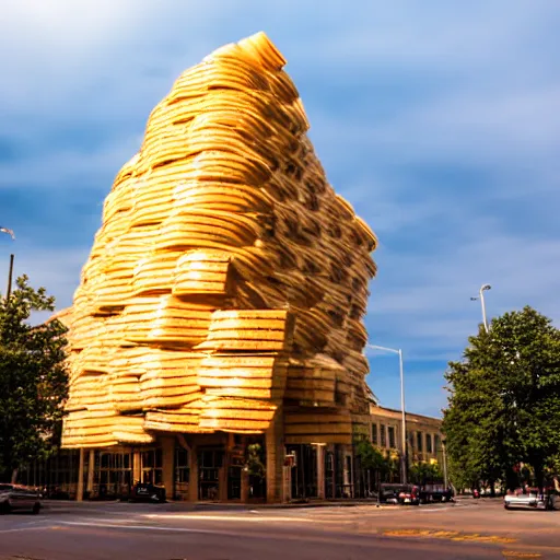 Image similar to a photo of a towering impressive building made of bread, cheese, and lunchmeat, dramatic lighting, bokeh, designed by frank gehry