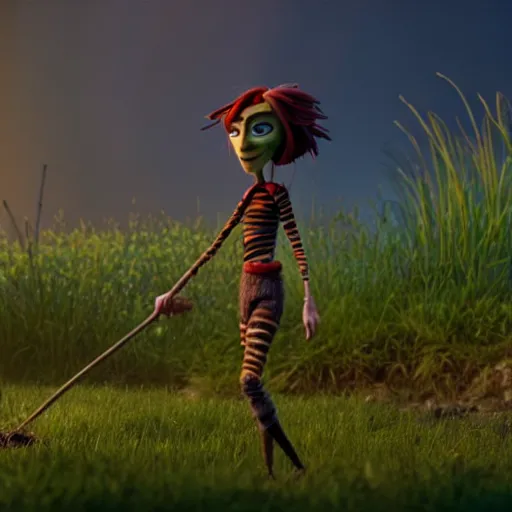 Prompt: a stopmotion animation character, a beautiful canadian woman, pulling weeds out frantically, some grey hair, stripey pants, octane render, 8 k, kubo and the two strings, german expressionism