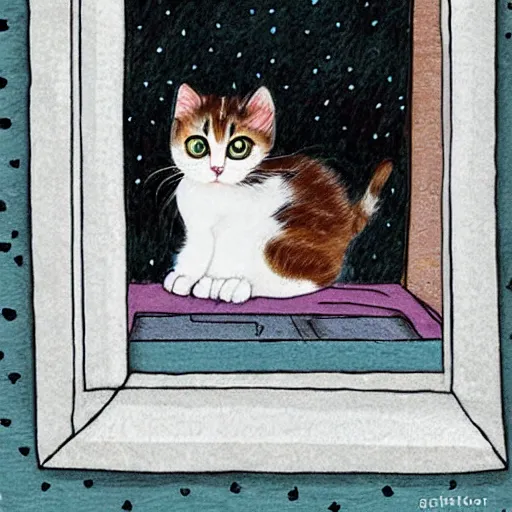 Image similar to cute calico kitten looking out of the window on a [ [ [ [ beautiful ] ] ] ] summer day, storybook art, detailed, cute, profile shot, featured on artstationg, gorgeous!!!