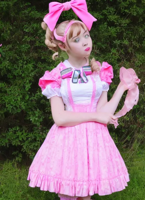 Prompt: a picture of a pretty girl in a pink angelic pretty lolita dress with ribbon heels and a hairbow