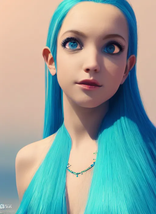 Prompt: portrait of a beautiful girl with turquoise hair and a blue dress, intricate jewelry, genshin impact, realistic anime, sharp focus, octane render, trending on artstation, 8k