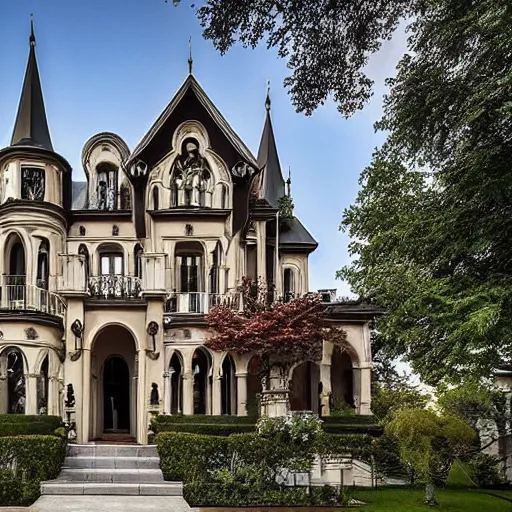 Image similar to ornate mansion with a blend between modern architecture and ancient gothic style interior