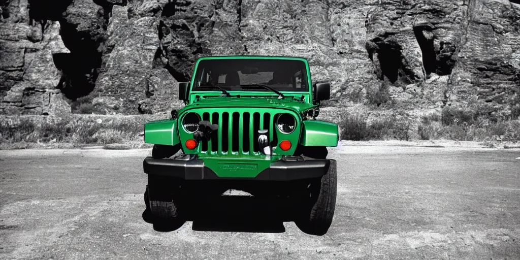 Prompt: Green Jeep Wrangler black background, Ernst Haas