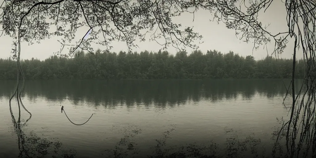 Image similar to centered subject on an infinitely long rope zig - zagging across the surface of the water into the distance, the floating submerged rope stretches out towards the center of the lake, a dark lake on an overcast day, atmospheric, color film, trees in the background, hyper - detailed photo, anamorphic lens