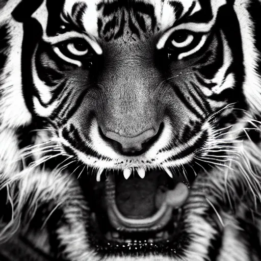 Prompt: a photo by bruce gilden of a tiger princess, leica s, flash, high contrast, intricate, closeup of face, beautiful