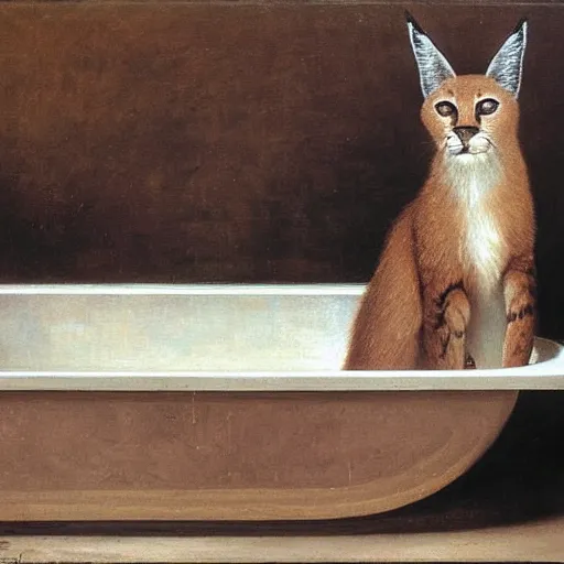 Image similar to cute caracal in bathtub, by Valentin de Boulogne