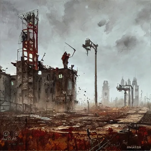 Image similar to painting by jakub rozalski of abandoned post soviet steampunk city