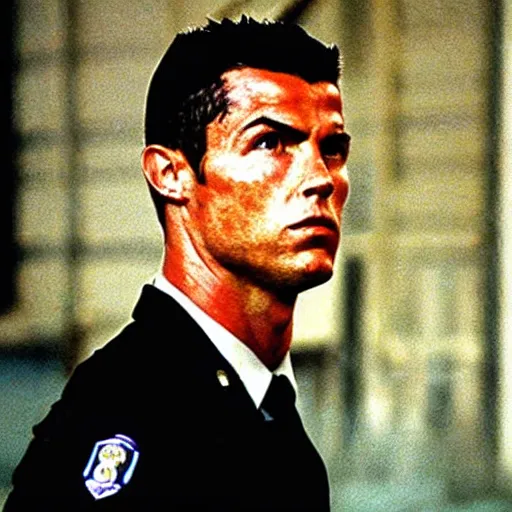 Prompt: movie still portrait of cristiano ronaldo as a police officer in the movie Heat (1995), cinematic, dante spinotti,