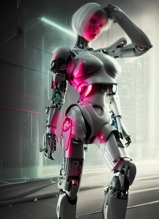 Image similar to photorealistic detailed full body picture of a female cyborg, pretty face with arms and legs, glamour pose, long hair, neon lights, humanoid, extreme, uhdr, book called the most influental cyborg in 2 0 5 0, fine details, highly detailed, intricate, smooth sharp focus, symmetrical features, environmental portrait, realistic render