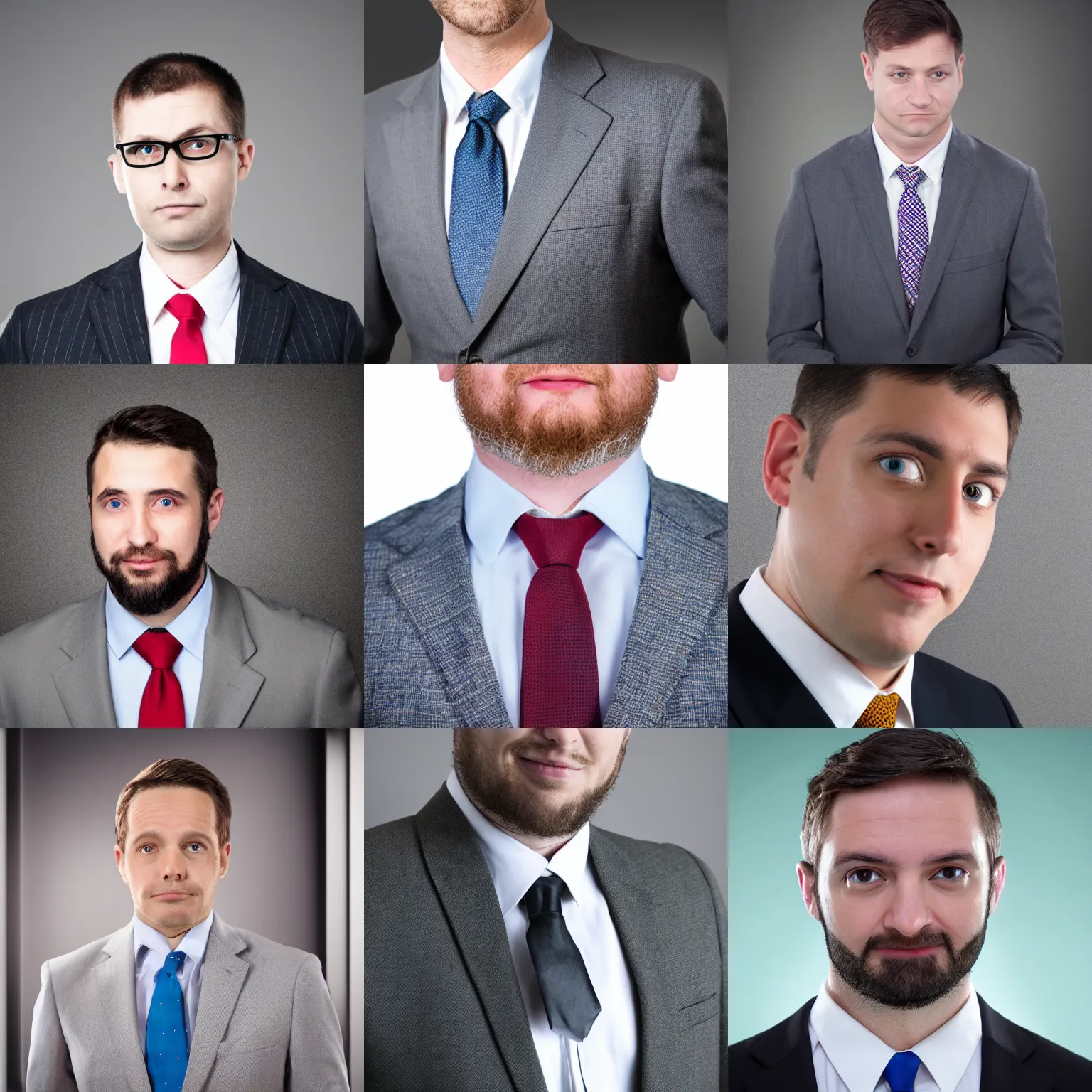 Prompt: photograph of a very stupid man, headshot, well dressed, tie, corporate.