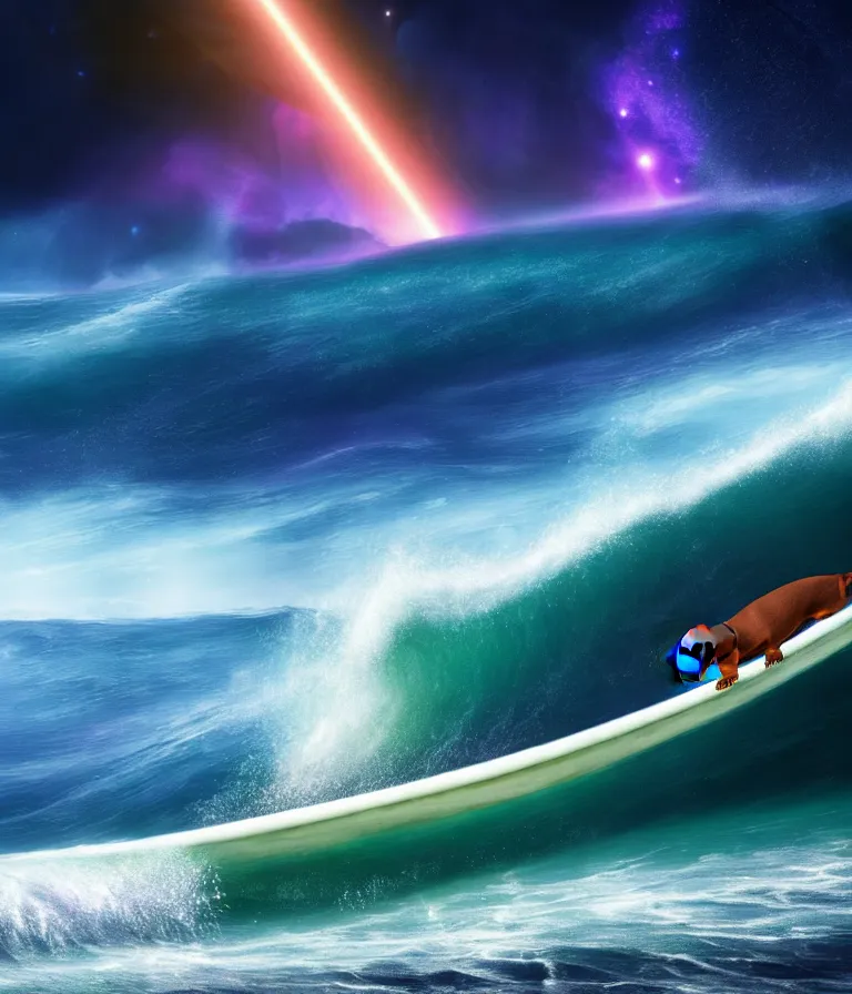 Prompt: black coat wiener dog surfing a surfboard on a crashing l wave of alien ocean in space, background is an alien galaxy, aliens in the background, alien colors, octane render, unreal engine, wide view, 8 k, high detaild