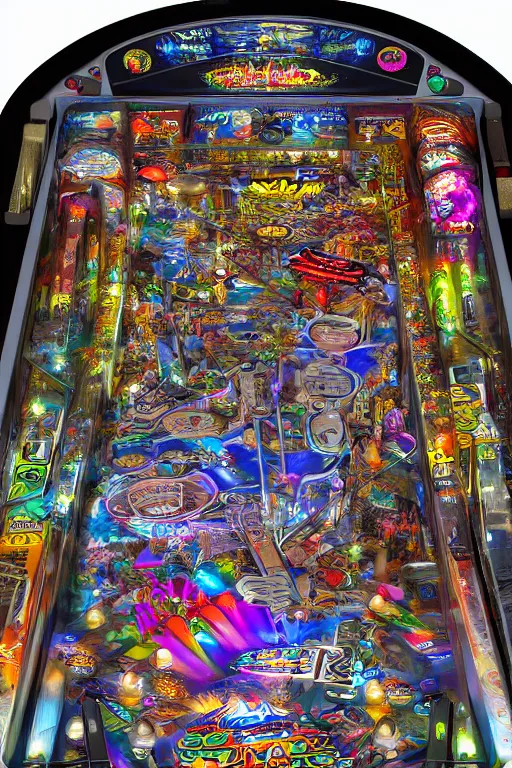 Prompt: a detailed pinball table layout overhead view, game art, realistic digital art, fluorescent colors, halluzinogenic, multicolored, exaggerated detailed, unreal engine