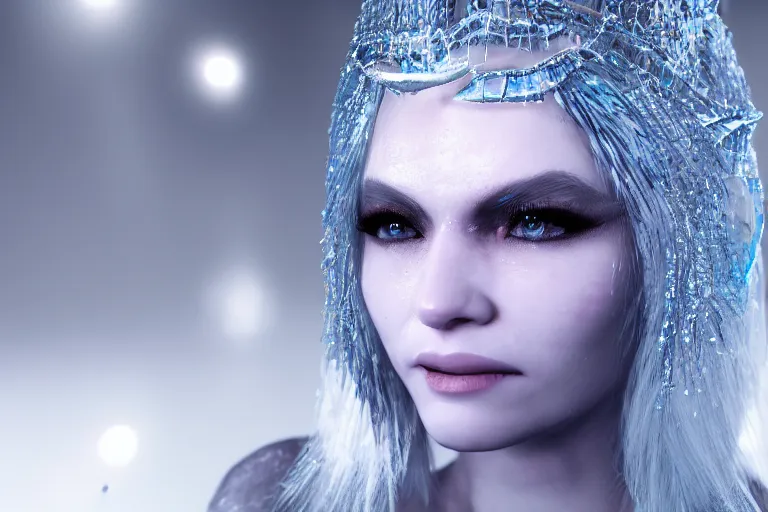 Image similar to Photorealistic render of Malevolent Ice Queen with round ice crystals on forehead in the style of Artstation, 4k Unreal Engine, reflective