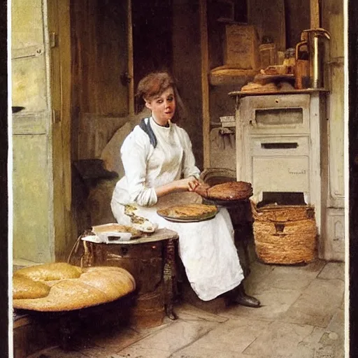 Prompt: a young edwardian woman baking bread in a cozy french kitchen, in the style of Anders Zorn