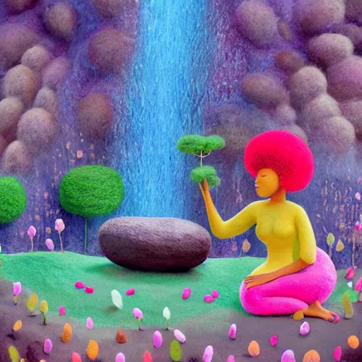 Image similar to a black girl with a colorful afro and big beautiful eyes meditating in an african zen garden with a waterfall!! and a baobab tree, bokeh!, bright colors, synthwave, watercolor, volumetric wool felting, felt, macro photography, children illustration, by goro fujita